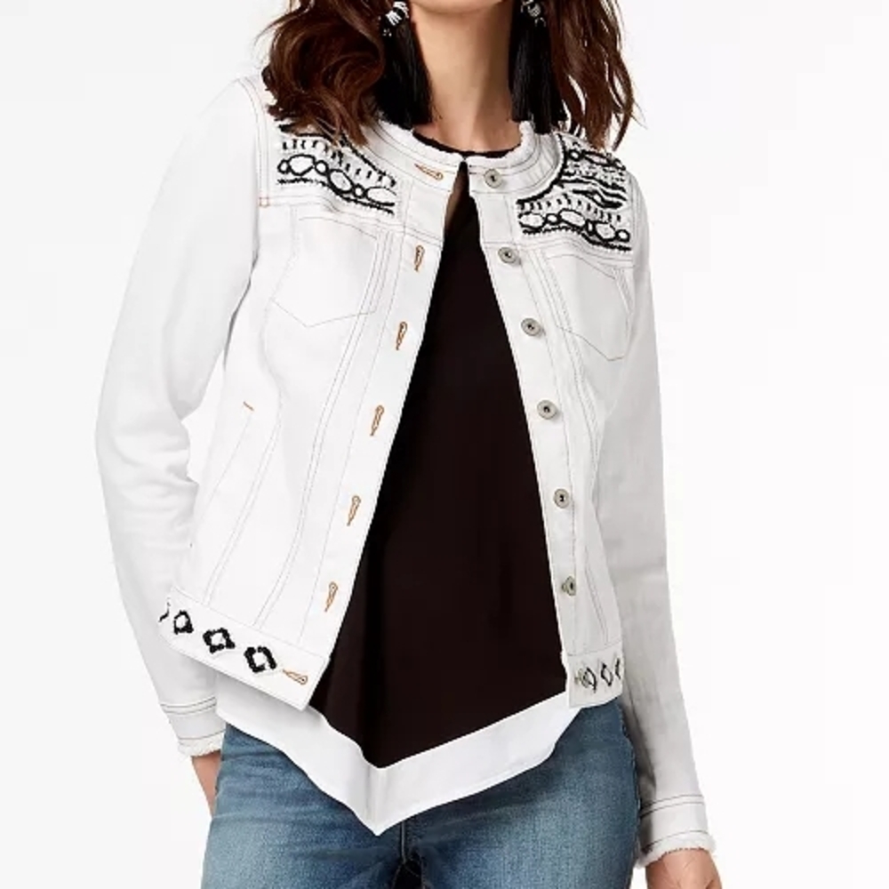 I.N.C. White Denim Jacket Embellished Beaded Collarless Med Boho Western Cowgirl
